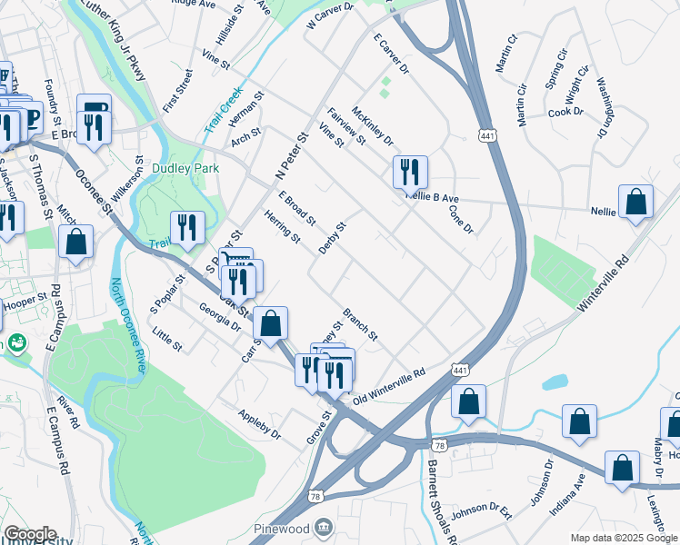 map of restaurants, bars, coffee shops, grocery stores, and more near 110 Simmons Street in Athens