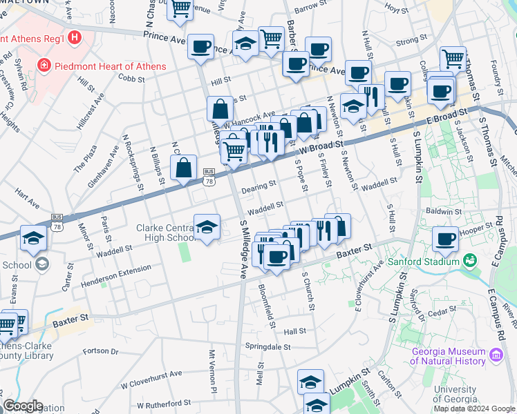 map of restaurants, bars, coffee shops, grocery stores, and more near 627 Waddell Street in Athens