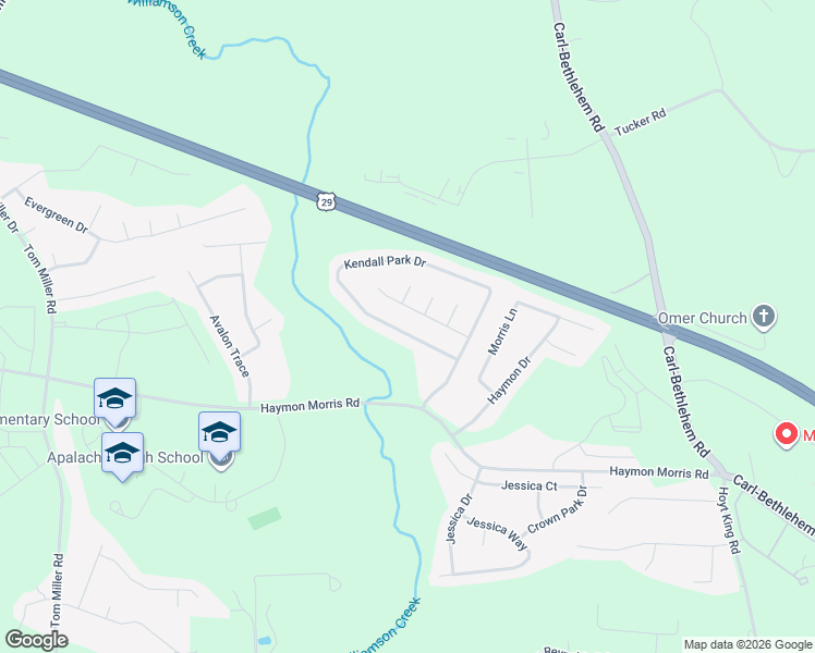 map of restaurants, bars, coffee shops, grocery stores, and more near 920 Kendall Park Drive in Winder
