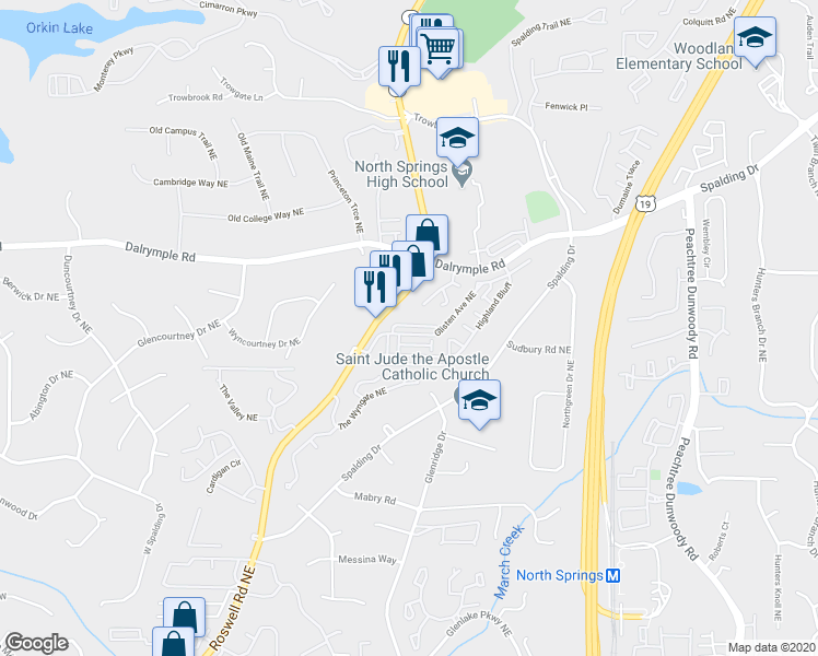 map of restaurants, bars, coffee shops, grocery stores, and more near 7510 Highland Bluff in Atlanta