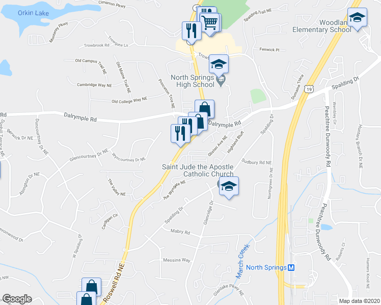 map of restaurants, bars, coffee shops, grocery stores, and more near 7200 Glisten Avenue Northeast in Sandy Springs