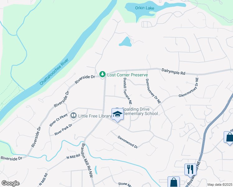 map of restaurants, bars, coffee shops, grocery stores, and more near 115 Dunhill Court Northeast in Sandy Springs