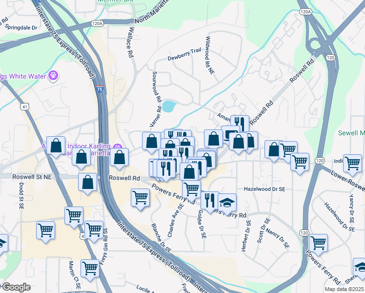 map of restaurants, bars, coffee shops, grocery stores, and more near 1523 Roswell Road in Marietta