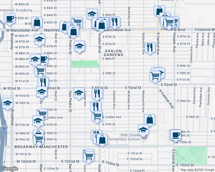 map of restaurants, bars, coffee shops, grocery stores, and more near 633 East 92nd Street in Los Angeles