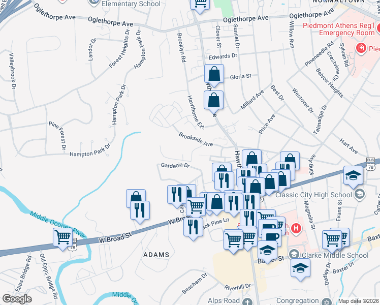 map of restaurants, bars, coffee shops, grocery stores, and more near 130 Helen Street in Athens
