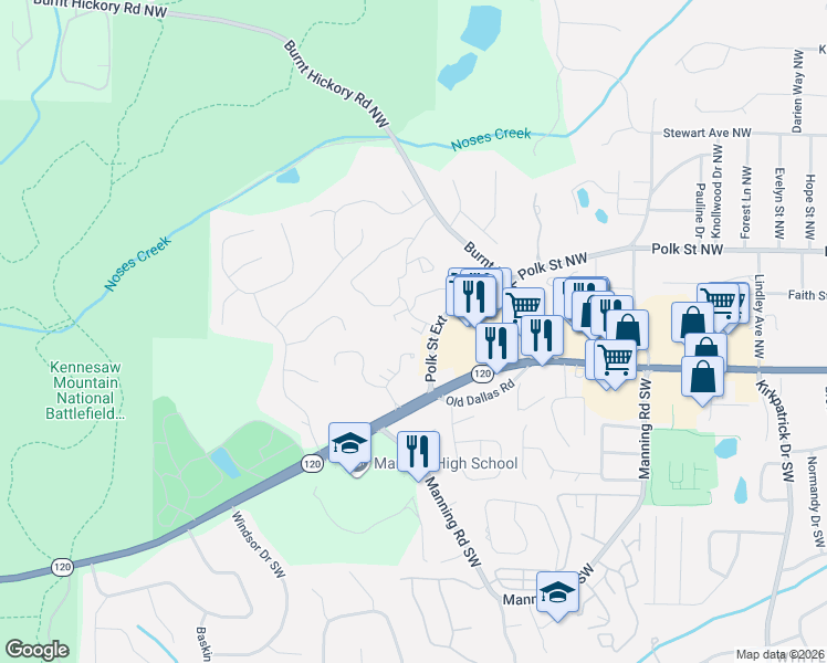 map of restaurants, bars, coffee shops, grocery stores, and more near 1079 New Haven Drive Southwest in Marietta