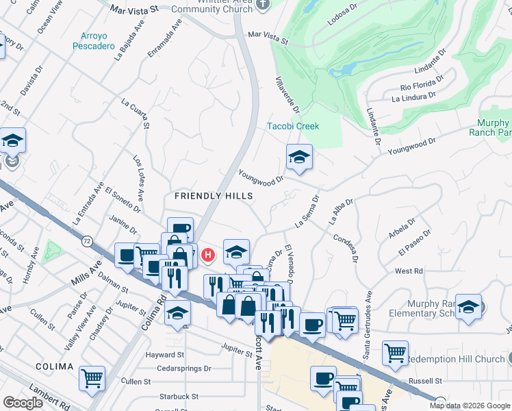 map of restaurants, bars, coffee shops, grocery stores, and more near 15269 Carretera Drive in Whittier