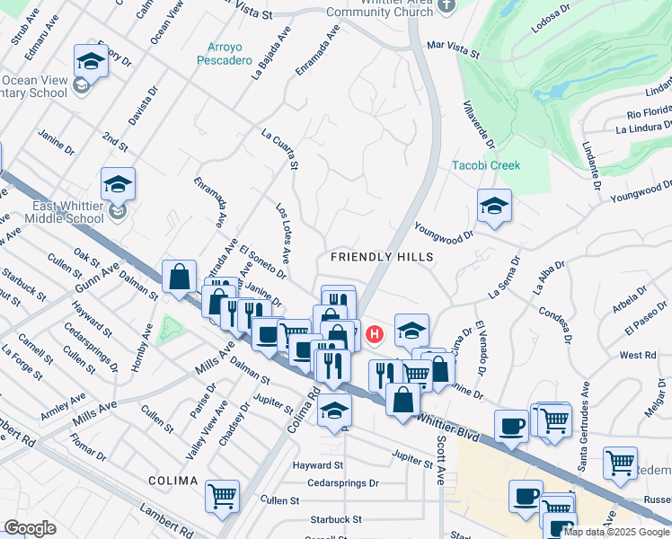 map of restaurants, bars, coffee shops, grocery stores, and more near 15104 La Calma Drive in Whittier