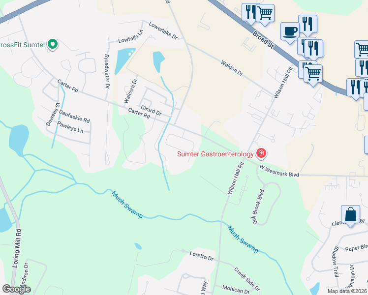 map of restaurants, bars, coffee shops, grocery stores, and more near 1270 Cutleaf Drive in Sumter