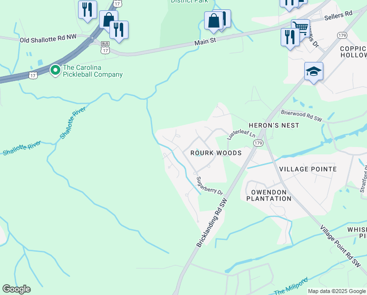 map of restaurants, bars, coffee shops, grocery stores, and more near 4869 Sugarberry Drive in Shallotte