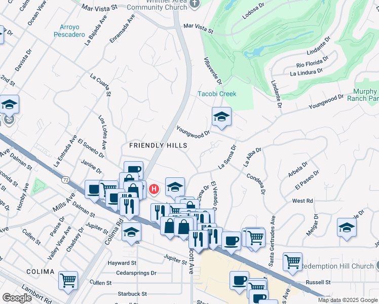 map of restaurants, bars, coffee shops, grocery stores, and more near 15269 Carretera Drive in Whittier