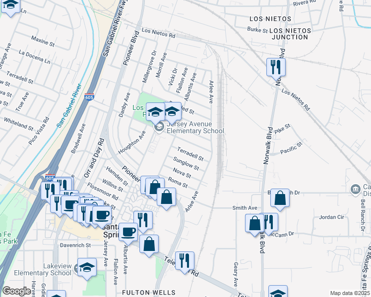 map of restaurants, bars, coffee shops, grocery stores, and more near 11633 Terradell Street in Santa Fe Springs