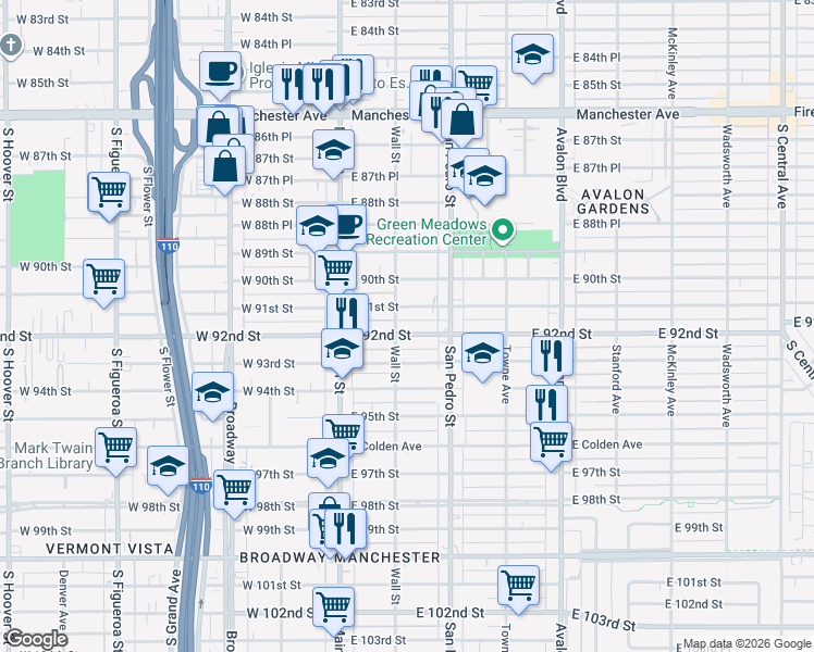 map of restaurants, bars, coffee shops, grocery stores, and more near 152 East 92nd Street in Los Angeles