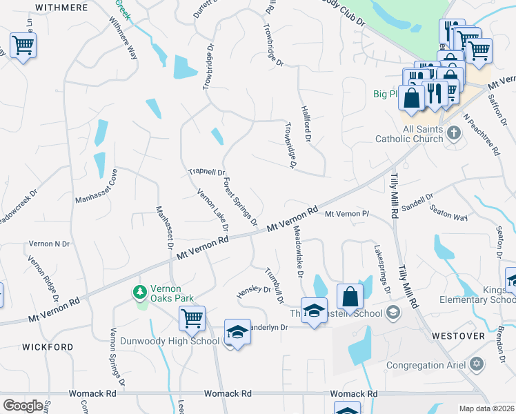 map of restaurants, bars, coffee shops, grocery stores, and more near 1809 Forest Springs Court in Dunwoody