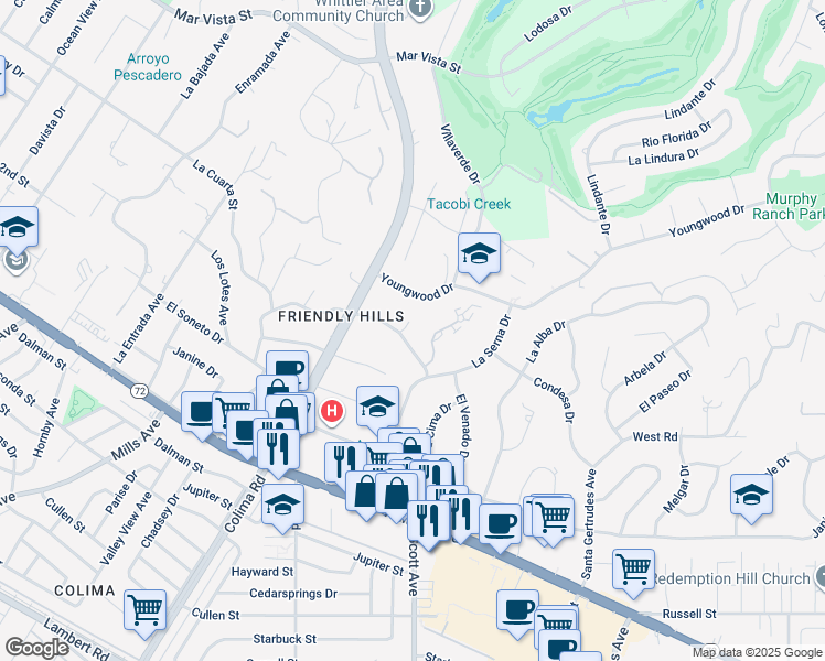 map of restaurants, bars, coffee shops, grocery stores, and more near 15269 Carretera Drive in Whittier