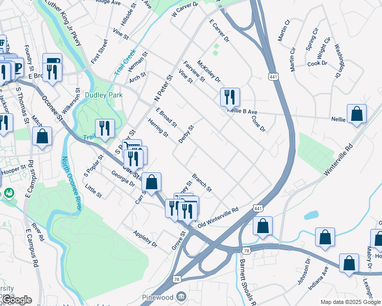map of restaurants, bars, coffee shops, grocery stores, and more near 110 Simmons Street in Athens