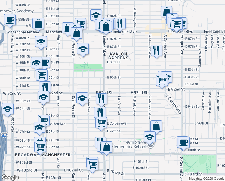 map of restaurants, bars, coffee shops, grocery stores, and more near 633 East 92nd Street in Los Angeles