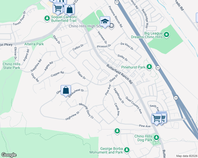map of restaurants, bars, coffee shops, grocery stores, and more near 16675 Slate Drive in Chino Hills
