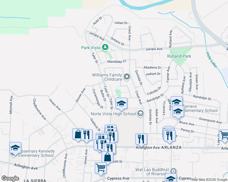 map of restaurants, bars, coffee shops, grocery stores, and more near 6830 Astoria Drive in Riverside