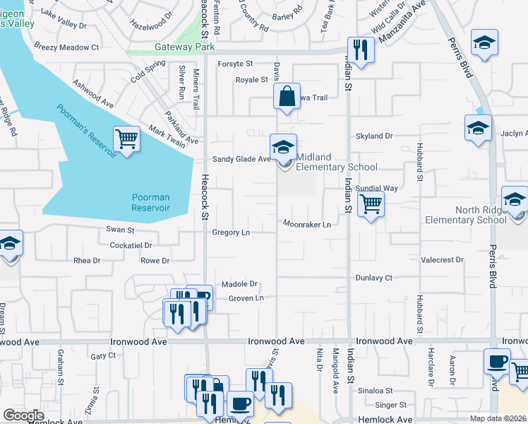 map of restaurants, bars, coffee shops, grocery stores, and more near 11557 Davis Street in Moreno Valley