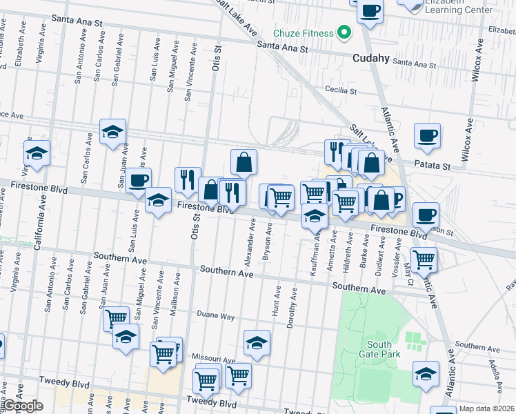 map of restaurants, bars, coffee shops, grocery stores, and more near 4401 Firestone Boulevard in South Gate