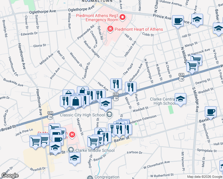 map of restaurants, bars, coffee shops, grocery stores, and more near 1880 West Broad Street in Athens