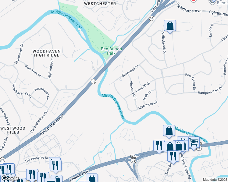 map of restaurants, bars, coffee shops, grocery stores, and more near 635 Rivermont Road in Athens