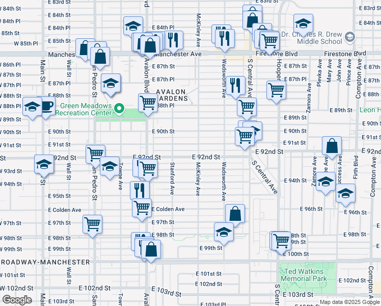 map of restaurants, bars, coffee shops, grocery stores, and more near 743 East 92nd Street in Los Angeles