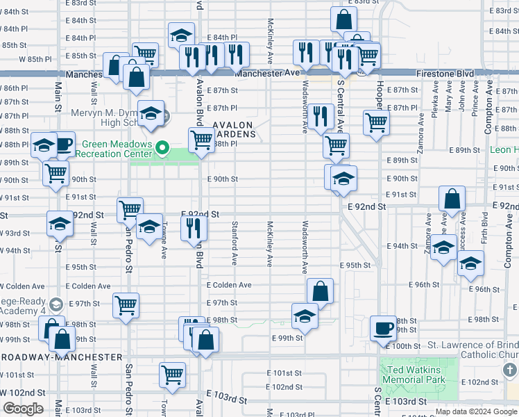 map of restaurants, bars, coffee shops, grocery stores, and more near 743 East 92nd Street in Los Angeles