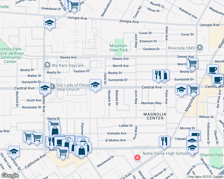 map of restaurants, bars, coffee shops, grocery stores, and more near 4856 Central Avenue in Riverside