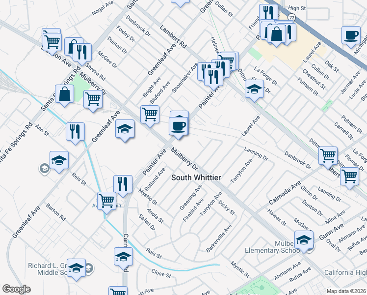 map of restaurants, bars, coffee shops, grocery stores, and more near 13435 Mulberry Drive in Whittier