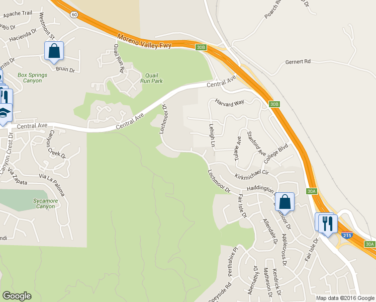 map of restaurants, bars, coffee shops, grocery stores, and more near 5700 Lochmoor Drive in Riverside