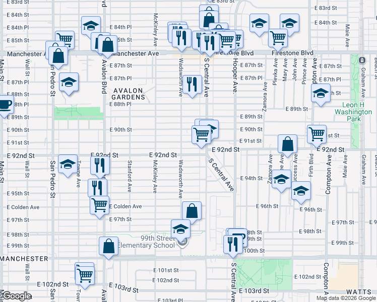 map of restaurants, bars, coffee shops, grocery stores, and more near 913 East 92nd Street in Los Angeles