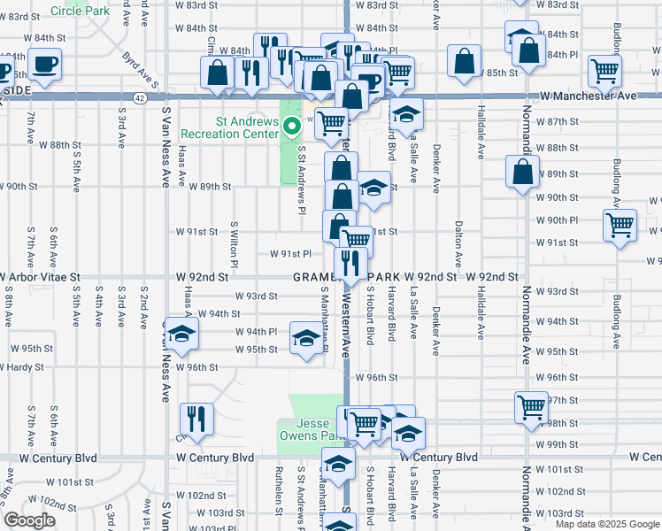 map of restaurants, bars, coffee shops, grocery stores, and more near 9148 South Manhattan Place in Los Angeles