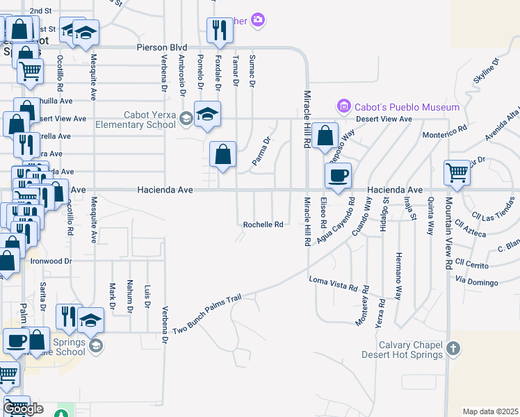 map of restaurants, bars, coffee shops, grocery stores, and more near 13205 La Salle Road in Desert Hot Springs