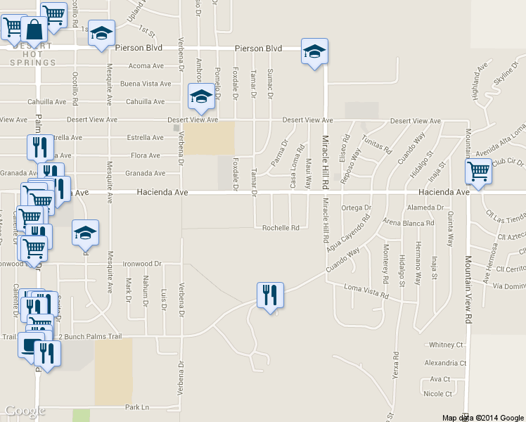 map of restaurants, bars, coffee shops, grocery stores, and more near 13108 Tamar Drive in Desert Hot Springs