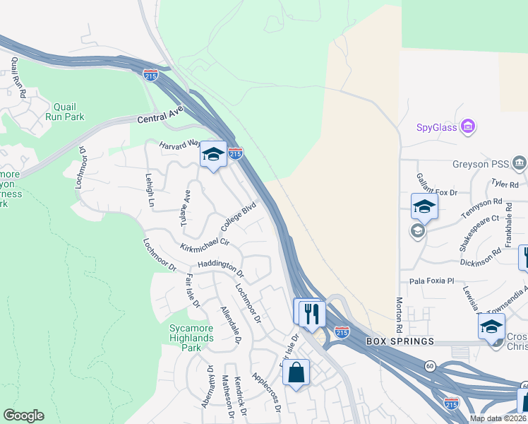 map of restaurants, bars, coffee shops, grocery stores, and more near 20520 Claremont Avenue in Riverside
