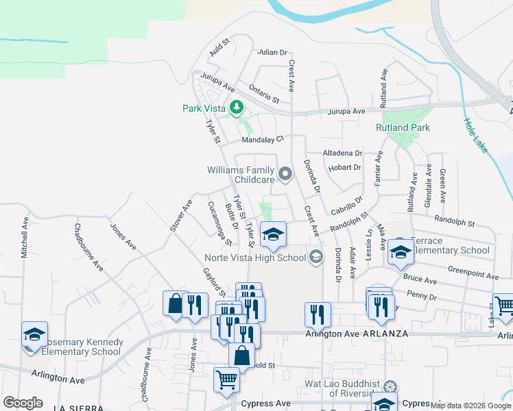 map of restaurants, bars, coffee shops, grocery stores, and more near 6765 Astoria Drive in Riverside