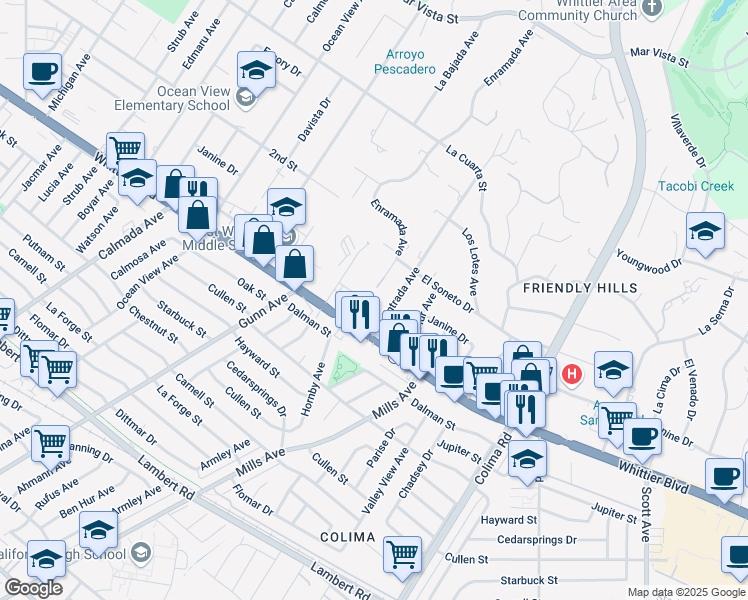 map of restaurants, bars, coffee shops, grocery stores, and more near 8937 La Entrada Avenue in Whittier