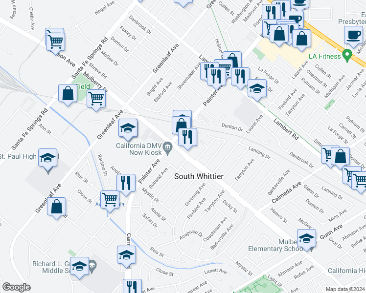map of restaurants, bars, coffee shops, grocery stores, and more near 13443 Mulberry Drive in Whittier