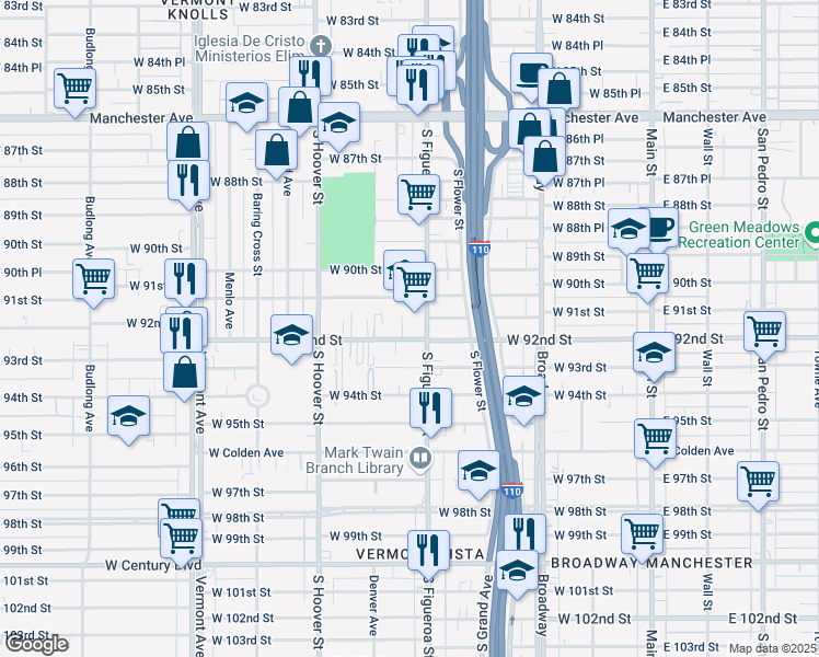 map of restaurants, bars, coffee shops, grocery stores, and more near 540 West 92nd Street in Los Angeles