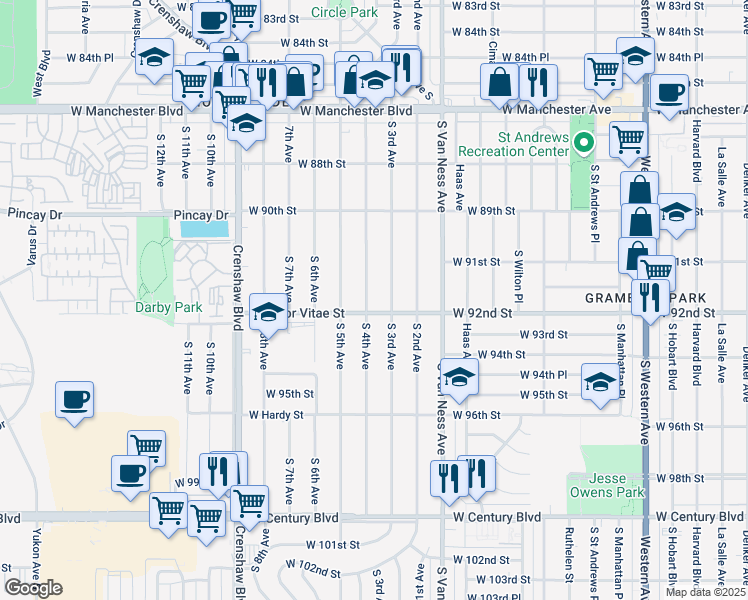 map of restaurants, bars, coffee shops, grocery stores, and more near 9300 South 3rd Avenue in Inglewood