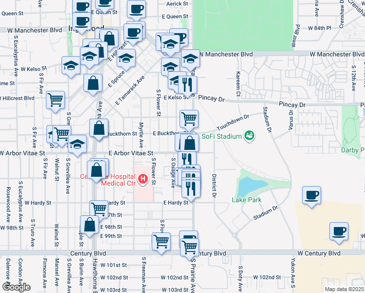 map of restaurants, bars, coffee shops, grocery stores, and more near 902 South Osage Avenue in Inglewood