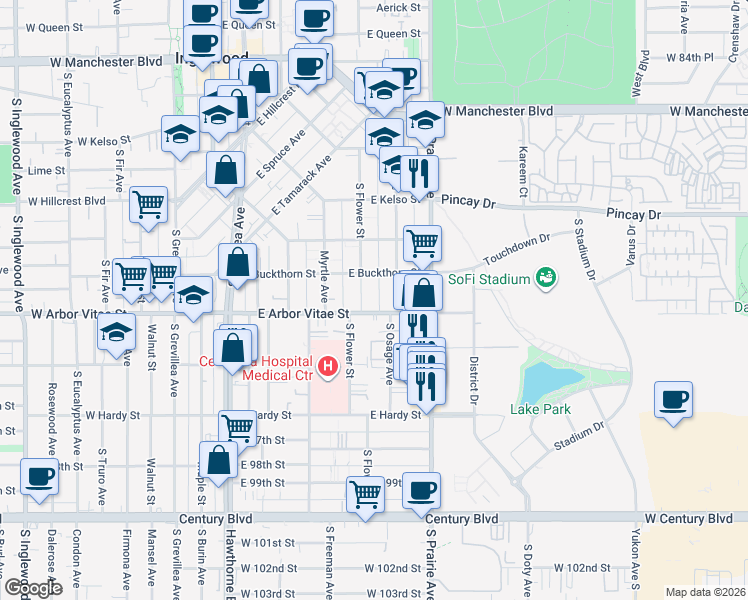 map of restaurants, bars, coffee shops, grocery stores, and more near 826 South Flower Street in Inglewood