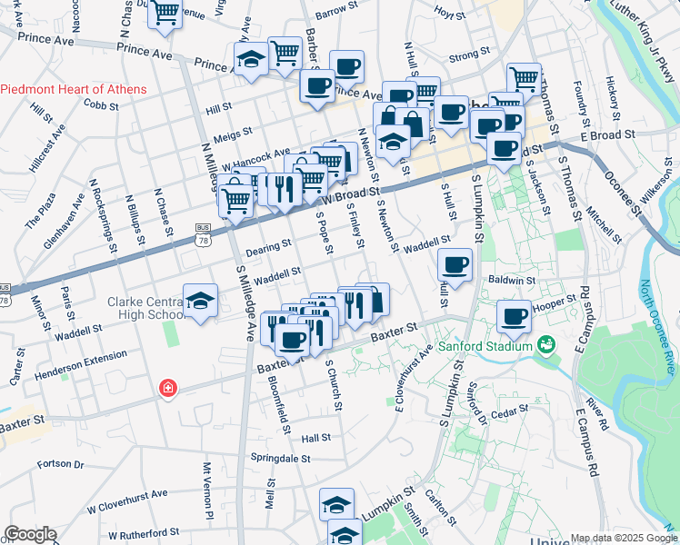 map of restaurants, bars, coffee shops, grocery stores, and more near 350 South Pope Street in Athens