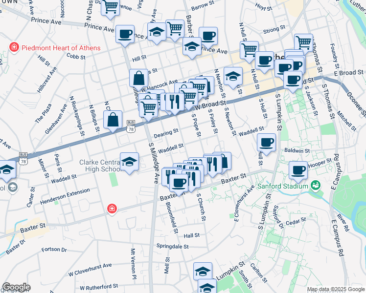 map of restaurants, bars, coffee shops, grocery stores, and more near 325 South Harris Street in Athens
