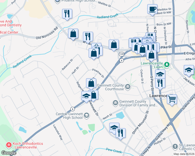 map of restaurants, bars, coffee shops, grocery stores, and more near 460 Stark Street in Lawrenceville