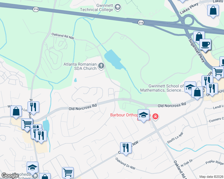 map of restaurants, bars, coffee shops, grocery stores, and more near 2119 Waterford Park Drive in Lawrenceville