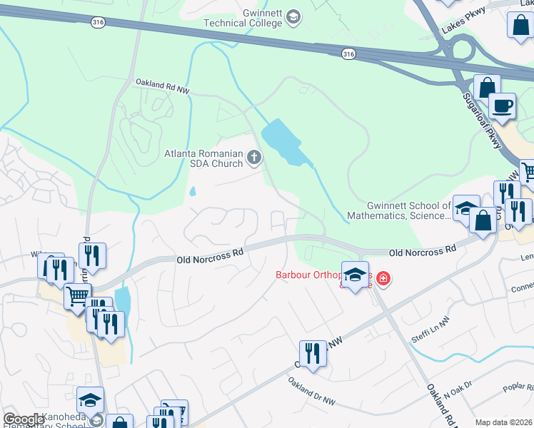 map of restaurants, bars, coffee shops, grocery stores, and more near 2158 Waterford Park Drive in Lawrenceville