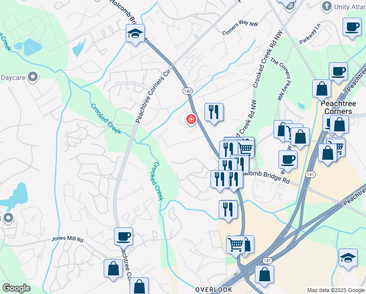 map of restaurants, bars, coffee shops, grocery stores, and more near 6350 Holcomb Way in Norcross